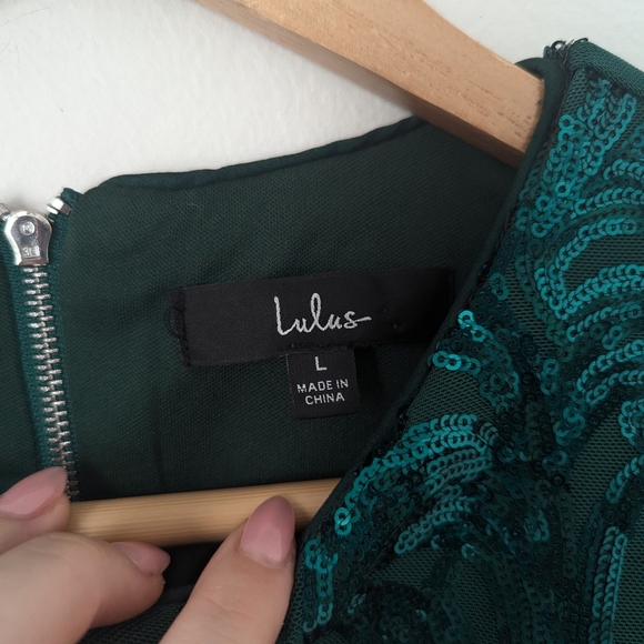 Lulu's Dark Emerald Forest Green Sequin Long Sleeve 2 Pc Maxi Dress Formal Set - Picture 3 of 9